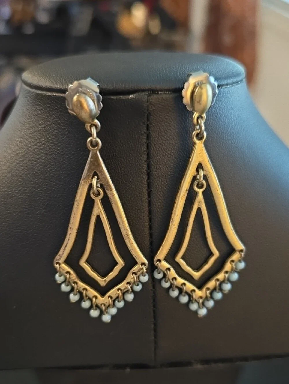 Gold-Tone Drop Earrings with Light Gray Bead Fringe